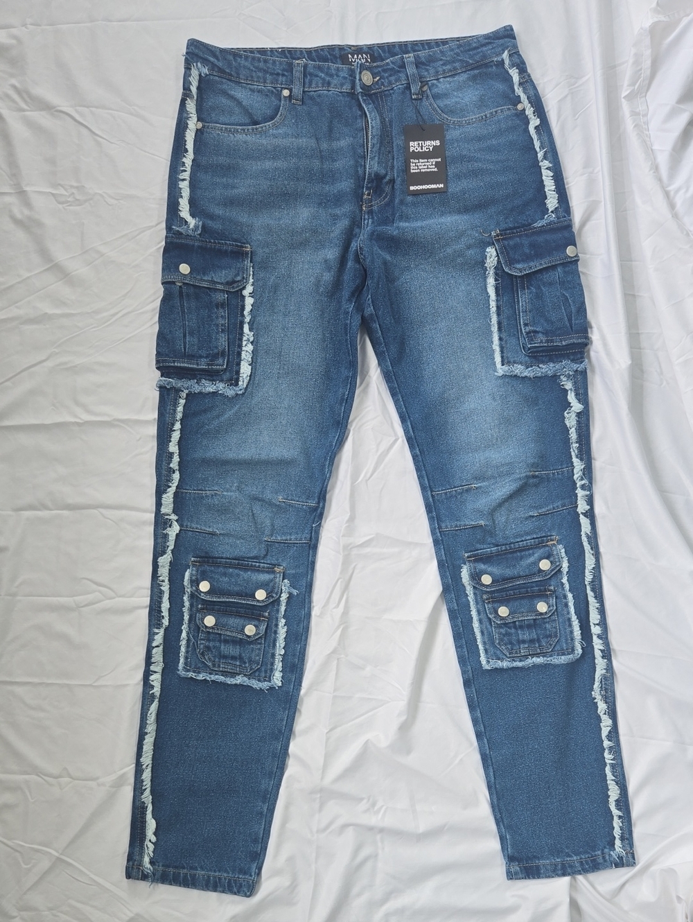 Men's NWT Boohooman Cargo Multipocket Blue Jeans New 100% Cotton Size W36R L34